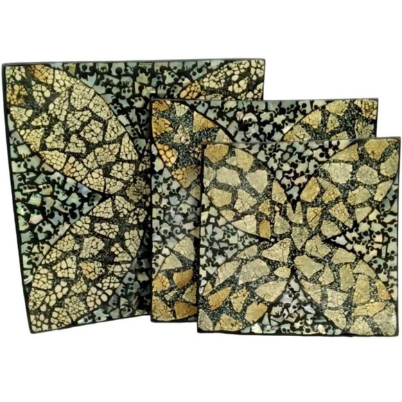 Natural Abalone Shell & Stone Mosaic Stackable Serving Platters ~ 3pc Set